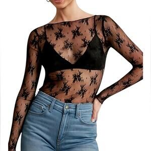Women’s Sheer Floral Lace Boat Neck Casual Elegant Black Top Size Small